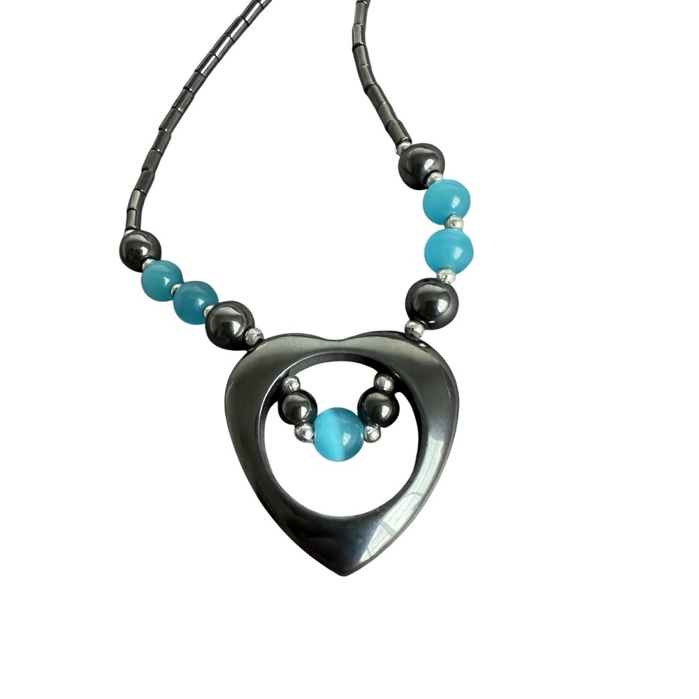 Black Hematite Tone Pendant‎ Necklace Turquoise Blue Beads Statement Jewelry